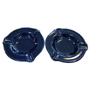 Vintage MCM Hall Pottery Ashtrays lot of 2 Ceramic Cobalt Blue Round No 615